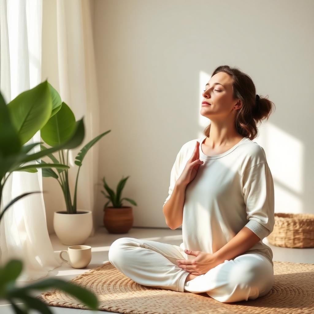 A woman practicing gentle breathwork in a calm, sunlit room