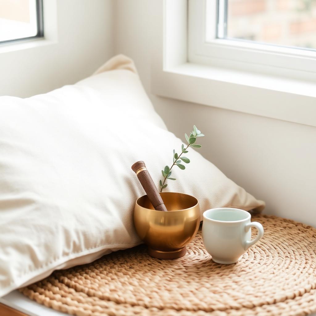 A quiet meditation corner with a singing bowl and soft light